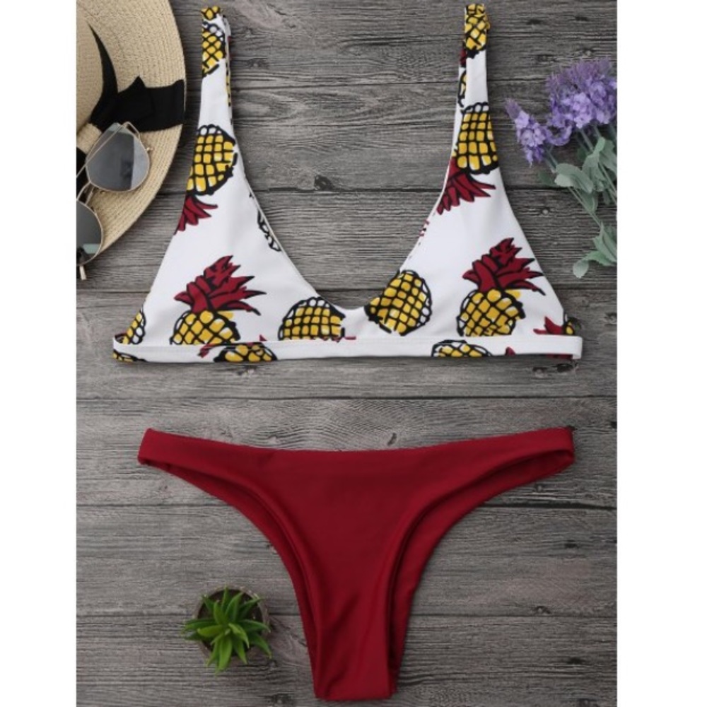 High cut pineapple bikini set red
